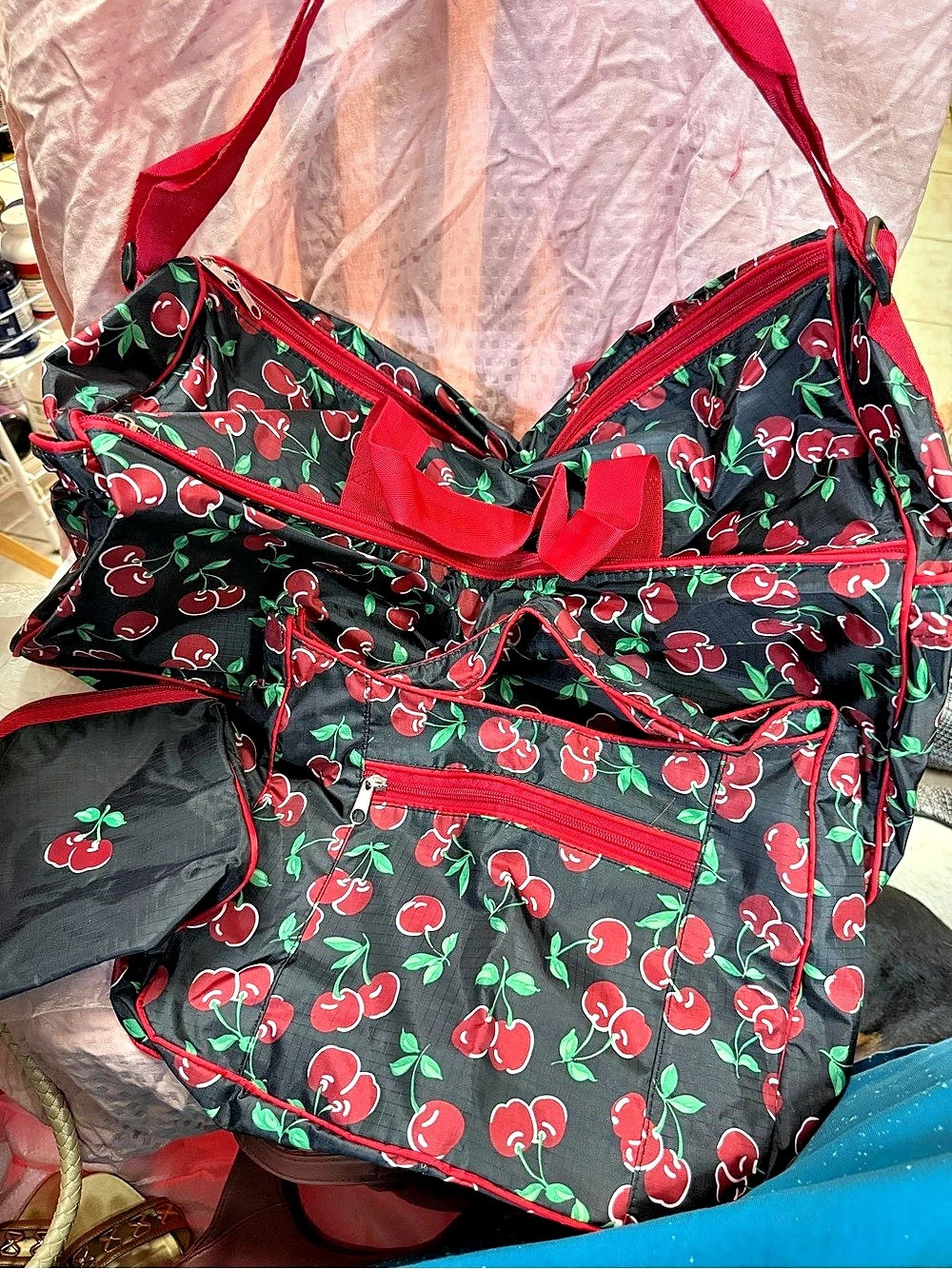 Cherry Print Travel Bag in Black & Red Like New
